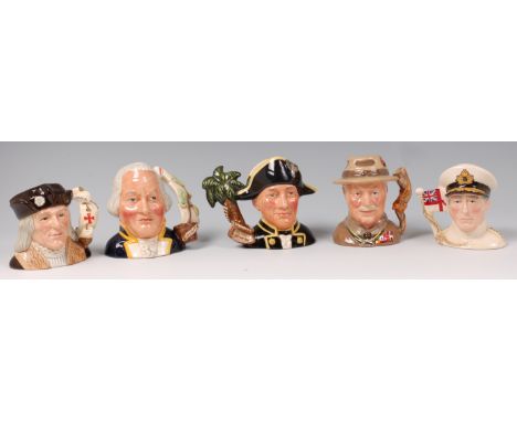 A collection of five small Royal Doulton character jugs, to include; 'Christopher Columbus', modelled by Stanley James Taylor