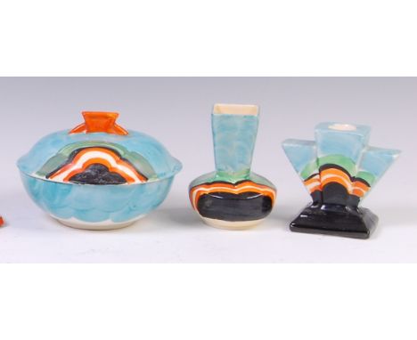 A trio of matching Myott & Son Art Deco ceramic items, to include; circular soap dish and cover, dia.13cm, a squat vase, h.9.