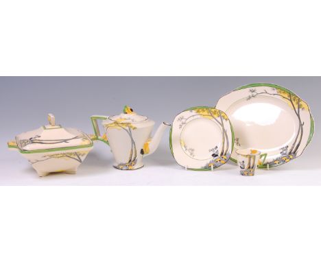 A Burleighware Art Deco ceramic part tea and dinner service, in the Pan pattern, comprising; pair of teapots, three twin hand