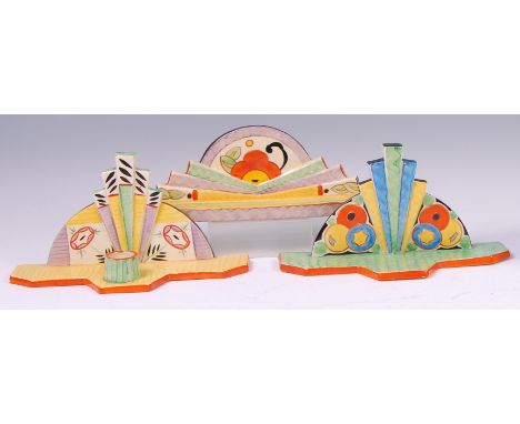 A Hanley Limited Art Deco ceramic inkstand, having a fan back and angled shaped base, with all-over bright coloured painted d