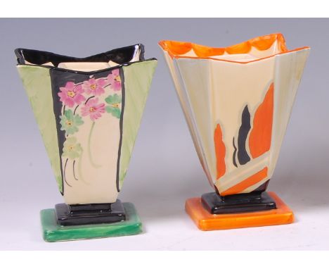 Two Myott & Son Art Deco ceramic stepped pedestal vases, each of square tapering form, with bright colour floral painted deco