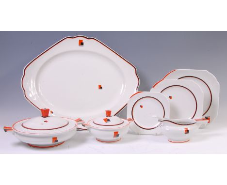 An extensive Orange Block pattern dinner service by Eric Slater for Shelley Pottery, comprising six graduated lozenge shaped 