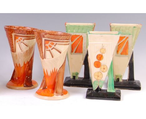 A pair of Myott & Son Art Deco ceramic pedestal vases, each of circular tapering form, bright colour floral painted with prin
