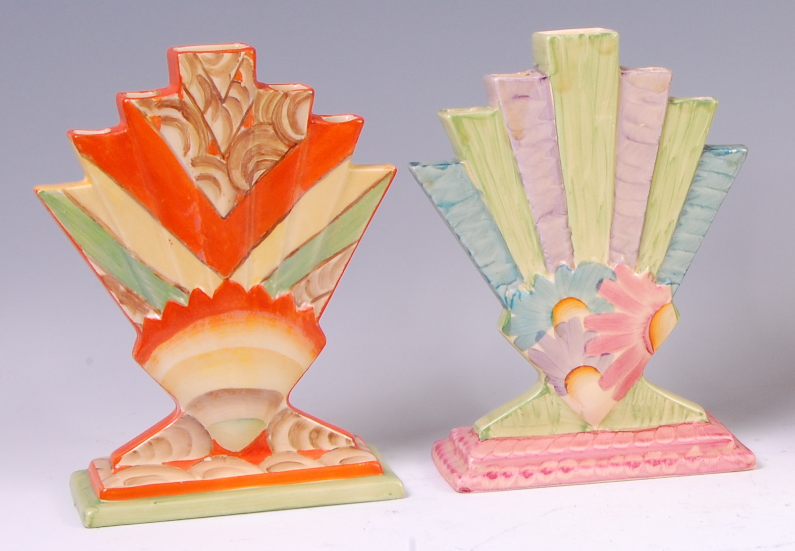 Two Myott & Son Art Deco ceramic fan vases, each of protruding stepped
