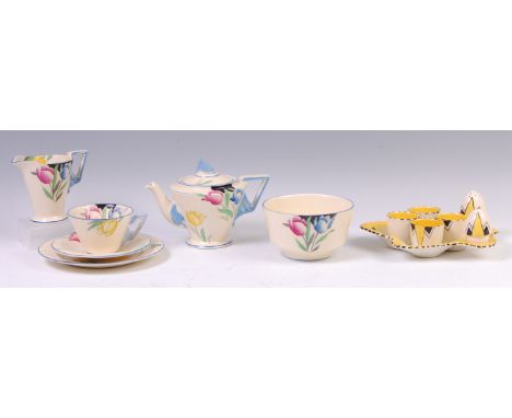 A Burleighware Art Deco ceramic eight place teaset, having floral painted decoration, comprising; conical teapot and cover, e