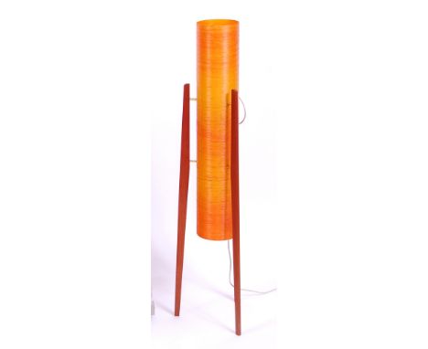 A 1970s teak framed floor standing 'rocket' lamp, having integral cylindrical fibreglass shade on tapering supports, h.112cm 