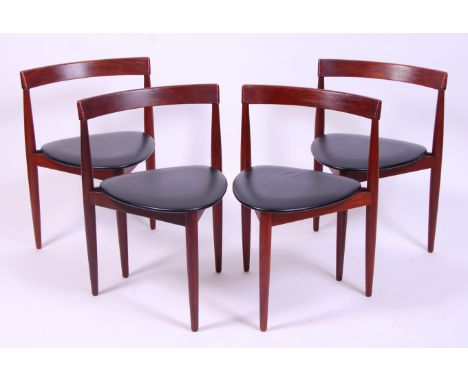 Hans Olsen for Frem Røjle - a set of four 1960s Danish teak compact dining chairs, each having black vinyl fixed pad seats, s