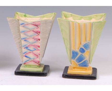 Two Myott & Son Art Deco ceramic stepped pedestal vases, each of square tapering form, with bright colour painted geometric s