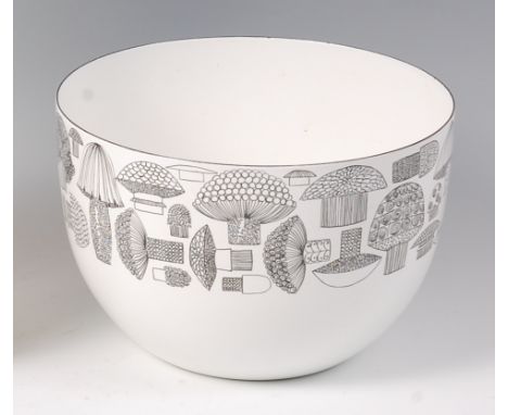 Kaj Franck for Finel - a white enamel circular table bowl, decorated with stylised mushroom band, printed marks verso, h.14cm