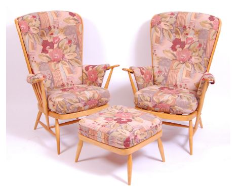 A pair of Ercol blond elm stickback armchairs, each having bright coloured upholstered cushions, w.77cm; together with a sing