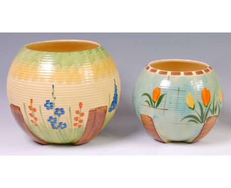 A large Myott & Son Art Deco ceramic vase, of ribbed globular form, having bright colour floral painted decoration, printed b