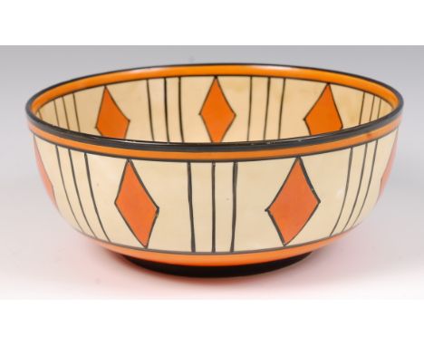 A 1930s Clarice Cliff Bizarre fruit bowl, of circular form, the cream ground geometrically decorated and painted in tones of 