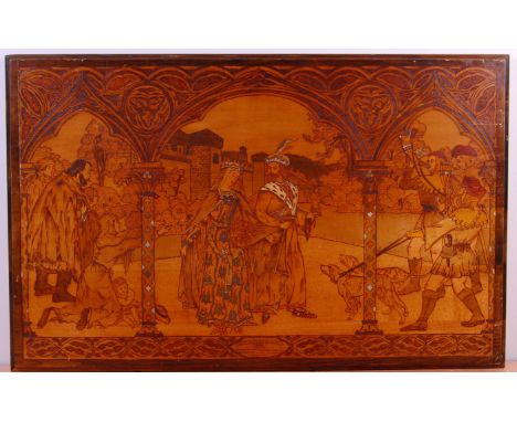 An Arts & Crafts poker-work wall panel, depicting Saint Elisabeth of Hungary and the Miracle of the Roses, titled Sainte Elis