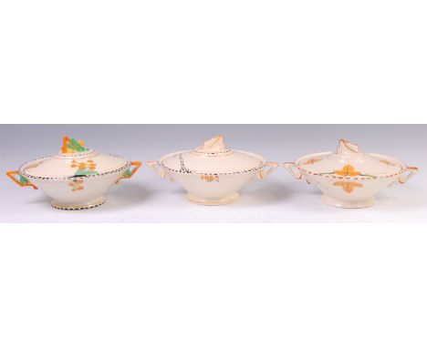 Three Burleighware Art Deco ceramic twin handled tureens and covers, each of circular footed form, each decorated with floral