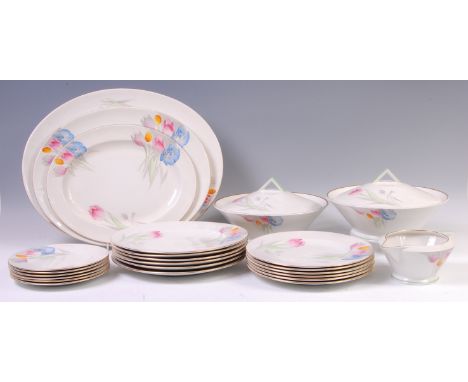 A Shelley Art Deco ceramic part dinner service, comprising pair of circular tureens and covers, graduated set of three oval m