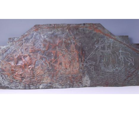 An Arts & Crafts embossed copper panel, decorated with three masted galleons, max dimensions 47 x 109cm