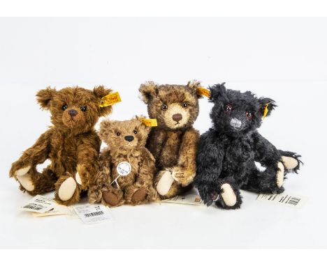 Four small Steiff yellow tag teddy bears,  Teddy Girl, Peace Bear, Bär 55 PB  1902,  all with certificates drawstring bags an