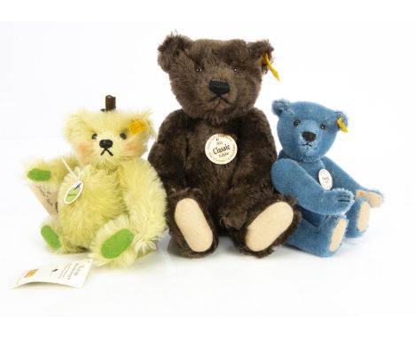 Three small Steiff yellow tag teddy bears,  including a Fruities, Teddy bear Apple , a blue Teddy 1908; and Classic Teddybär 