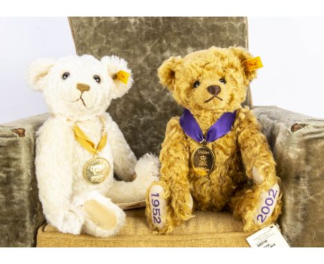 Two yellow tagged Steiff teddy bears,  for Danbury Mint, a White Millennium bear and a Golden Jubilee Bear, both with medalli