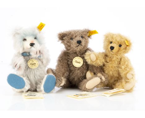 Three small Steiff yellow tag teddy bears,  including Classic 1929 Teddy Baby 22,  Classic Teddybär 25; and a Danbury Mint Mo