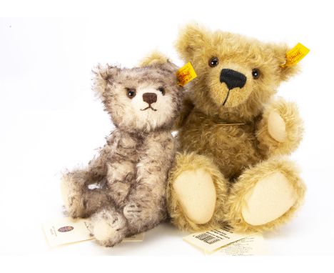 Two small yellow tag Steiff teddy bears, a Happy centenary collection with card tag, and a Classic Series mohair plush teddy 