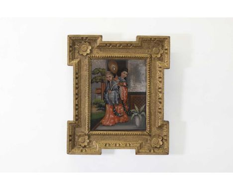An export reverse-painted glass mirror,18th century, Chinese, depicting a pair of figures in a pagoda,30cm wide34.5cm high Pr