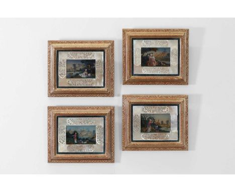 A set of four small export reverse-glass pictures, late 18th/early 19th century, Chinese, depicting figures in landscapes, ea