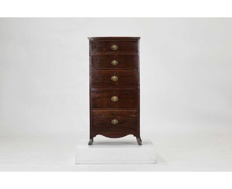 A Regency mahogany chest of drawers,c.1800, of bow-fronted outline, fitted with five drawers and raised on splayed bracket fe