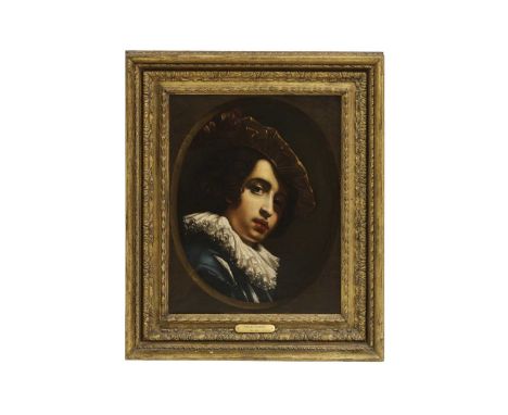 After Cesare DandiniPortrait of a young man, head and shoulders, wearing a beret and a blue tunic with white lace ruffoil on 