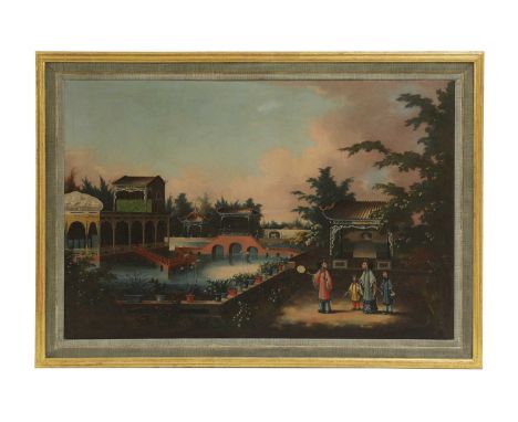 A Chinese Canton export oil painting,mid-19th century, by Youqua (fl.1840-1870), painted with two ladies accompanied by child