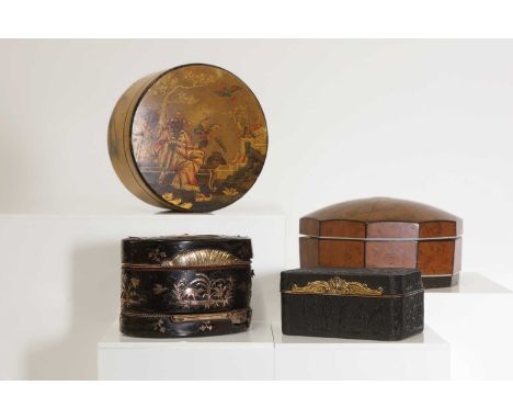 A tortoiseshell and 9ct gold inlaid box,of oval form, in three sections with two hinged covers, with damages, 8cm wide5.5cm d