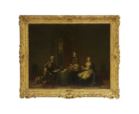 Attributed to Hendrik Pothoven (Dutch, 1725-1807)A family group around a table, the father seated, with his son standing by h
