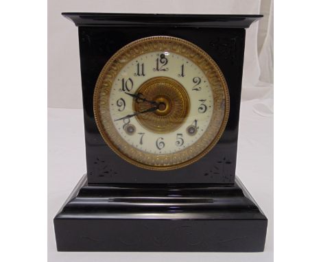 Ansonia Clock Company black enamel mantle clock, two train movement, white chapter ring and Arabic numerals, 26cm (h)