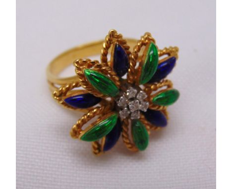 18ct yellow gold diamond and enamel cocktail ring, approx total weight 9.8g