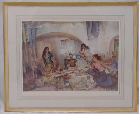 Russell Flint framed and glazed polychromatic lithographic print of ladies in an art studio, signed and blind stamped, 44.5 x