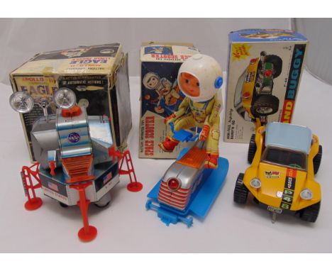 Three boxed playworn battery operated toys to include Apollo Eagle Lunar Module, Space Scooter and Sand Buggy, A/F