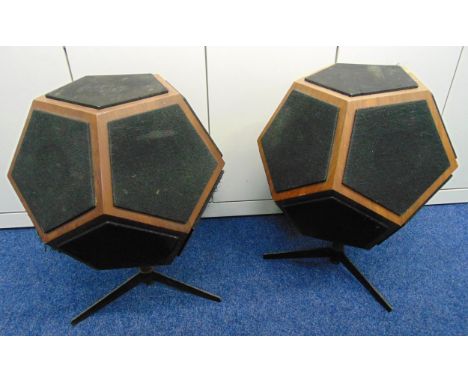 A pair of rare vintage Design Accoustics D12 Dodecahedron speakers on triform stands, A/F