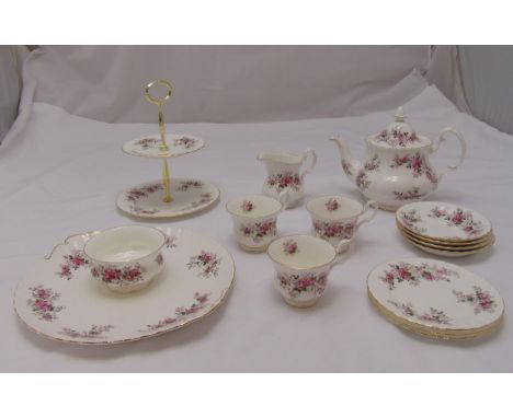 Royal Albert Lavender Rose teaset to include a teapot, cups, saucers, cake plate, two tier stand, milk jug and sugar bowl (20