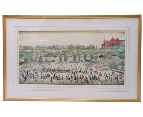 L.S. Lowry framed and glazed polychromatic lithographic print titled Peel Park (Salford) published 1973, signed and blind sta