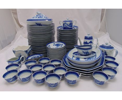 Vista Alegre Mottahedeh Blue Canton dinner service to includes, plates, tureens, sauce boat on stand, teapot and a coffee pot