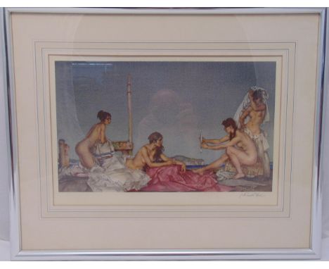 Russell Flint framed and glazed polychromatic lithographic print of nude ladies, signed and blind stamped, 27 x 45.5cm