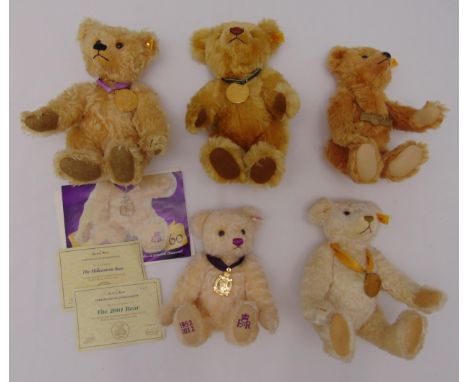 Five Steiff Teddy Bears to include Millennium with COA, 2001 with COA, 2002, 2003 and 2012 QEII Diamond Jubilee (5)