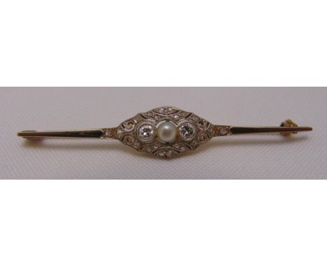 18ct gold, seed pearl and diamond bar brooch, approx total weight 3.9g