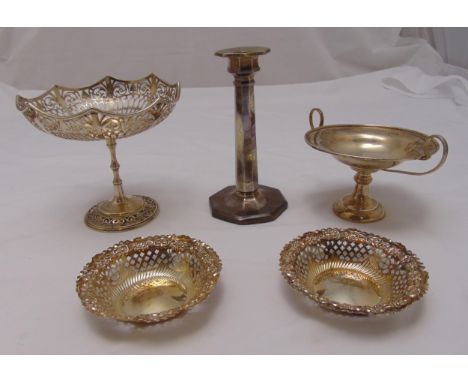 A quantity of silver to include a tazza, a nut dish, two bonbon dishes and a candlestick