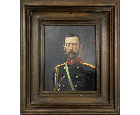 Portrait eines bärtigen Herrn in Offiziers- oder Waffenrock mit rotem Kragen und Eisernem Kreuz, um 1900, Öl auf Malkarton 21