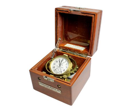 Schiffsuhr, Hamilton Mounted Chronometer Watch, Model 22, USA 2. H. 20. Jh., mit doppel kardanischer Aufhängung, auf Zifferbl