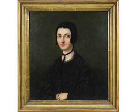 Biedermeier-Portrait einer jungen Frau in Trauerkleidung, deutsch um 1820, fein gemaltes Brustbild einer jungen Dame im schwa