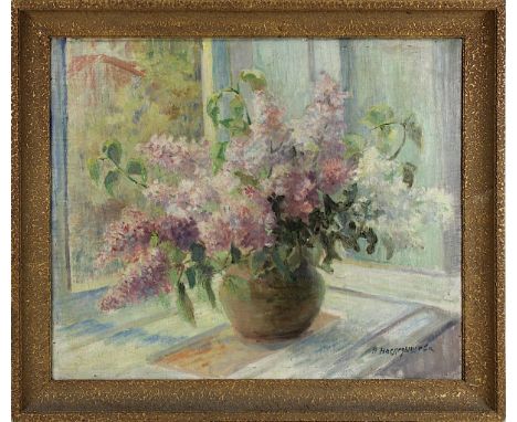 Russische(r) Stilllebenmaler(in), Fliederstillleben, in impressionistischer Manier gemalt, um 1920, Öl auf Leinwand, rechts u