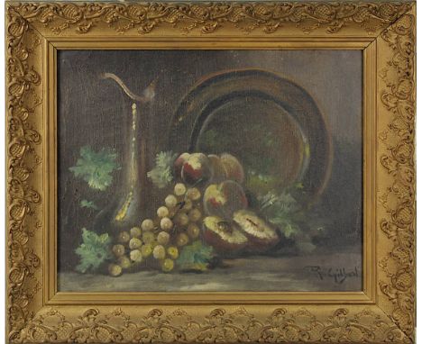 Gilbert, R. wohl französischer Stillebenmaler Ende 19. Jh., Stilleben mit Pfirsichen, Trauben, Weinkanne u. Schale, Öl auf Le