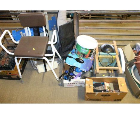 A disability stool; various folding luggage stands; a folding toilet frame in original box; two footstools; desk lamp; pot of